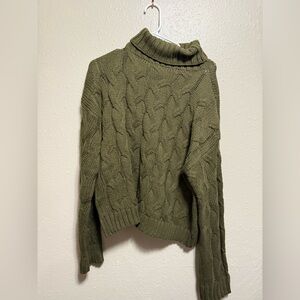 Olive Cable Knit Turtleneck Sweater